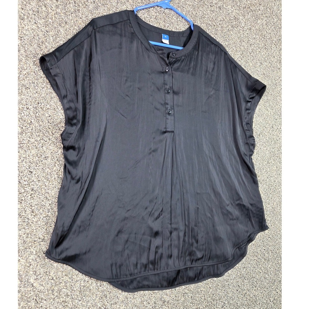 Old‎ Navy Henley Blouse Women XL Black Satin Short Sleeve High Low Top - Picture 2 of 6